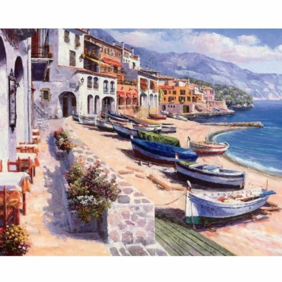 Canvas Huzurlu Kasaba İtalya Kıyıları Sayılarla Boyama Seti Kasnaklı