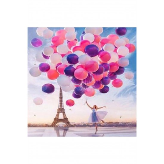 Canvas Eyfel Kulesi,Kadın Ve Romantik Balonlar Sayılarla Boyama Seti  Kasnaklı