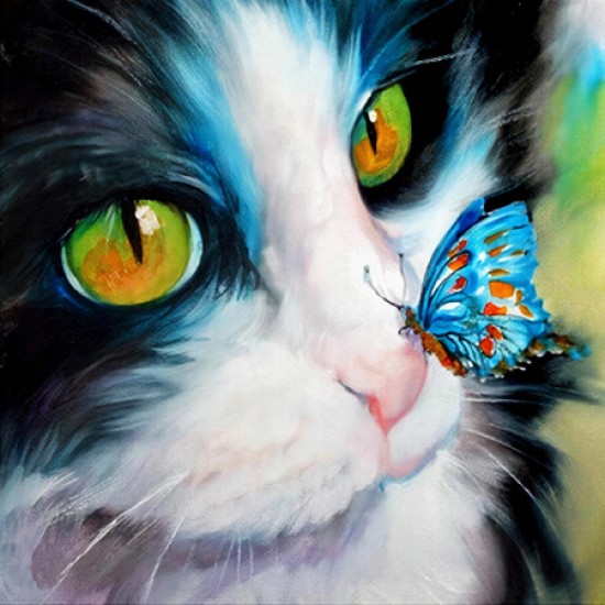 Canvas Kedinin Burnundaki Kelebek Sayılarla Boyama Seti Kasnaklı
